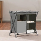 Heybly Luggage Rack with Laundry Bag,Pack of 2,Steel Folding Suitcase Stand with Storage Shelf for Bedroom, Hotel, Foldable Steel Frame, Gray,HLR006G2