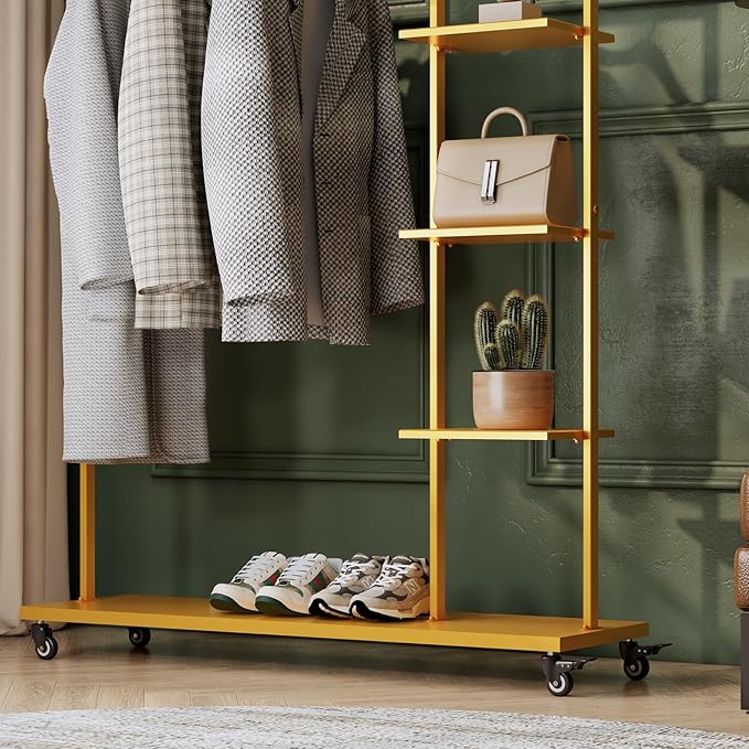Gold clothing rack with shelves,Heavy Duty clothes rack with wheels,Rolling Garment Rack for hanging clothes with 4 flank Shelves,Portable Wardrobe Closets Organizer for Bedroom/Boutique