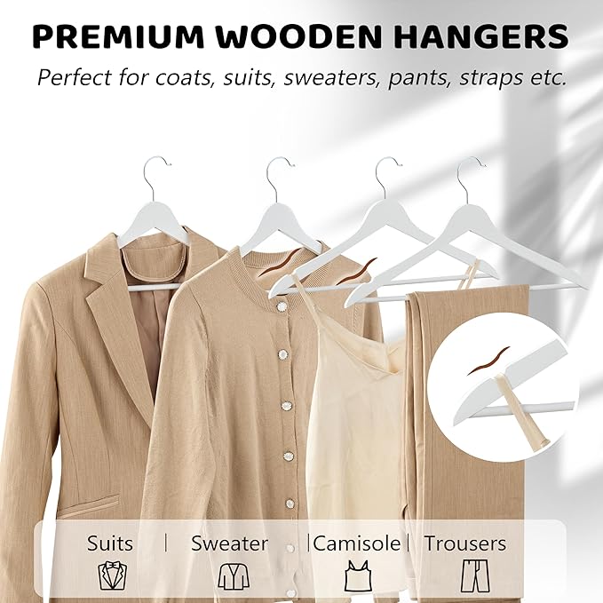 Edergoo Wooden Hangers 30 Pack, Smooth Wood Hangers with 360° Swivel Hook & Notches, Slim Coat Hanger Wooden for Closet, White