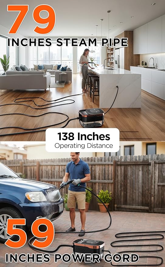 Steam Cleaner for Home, 15s Fast Heat-Up, 6 Level Adjustable Steam, 43oz Big Tanks, 79" Steam Hose, 8 Cleaning Brush Head, 1500W Portable Handheld Steam Cleaner for Cleaning Home, Floor, Wall, Car