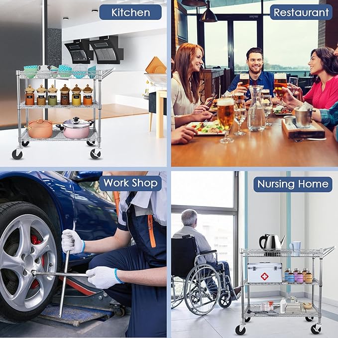 WDT Heavy Duty 3 Tier Utility Cart,990Lbs Capacity Wire Rolling Cart with Wheels, Commercial Grade Service Cart with Shelving Liners and Handle Bar Metal Carts for Kitchen Office Hardware, NSF Listed