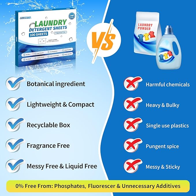 FIXSMITH Laundry Detergent Sheets - 200 Loads (100 Sheets) Fragrance Free - Hypoallergenic,Unscented,Eco Friendly Laundry Detergent Strips Concentrated Travel Detergent Sheets.Plastic-Free,Liquidless
