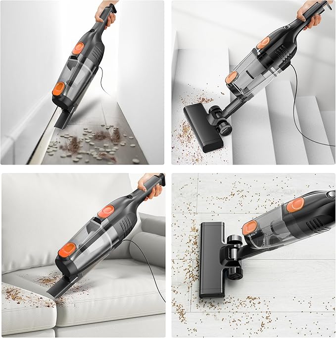 Vazone R6X Corded Stick Vacuum Cleaners for Home, 30000pa Powerful Suction Stick Vacuum with 16Ft Cord, 2 in 1 Lightweight Vacuum Cleaner for Hard Floor Pet Hair (Orange)