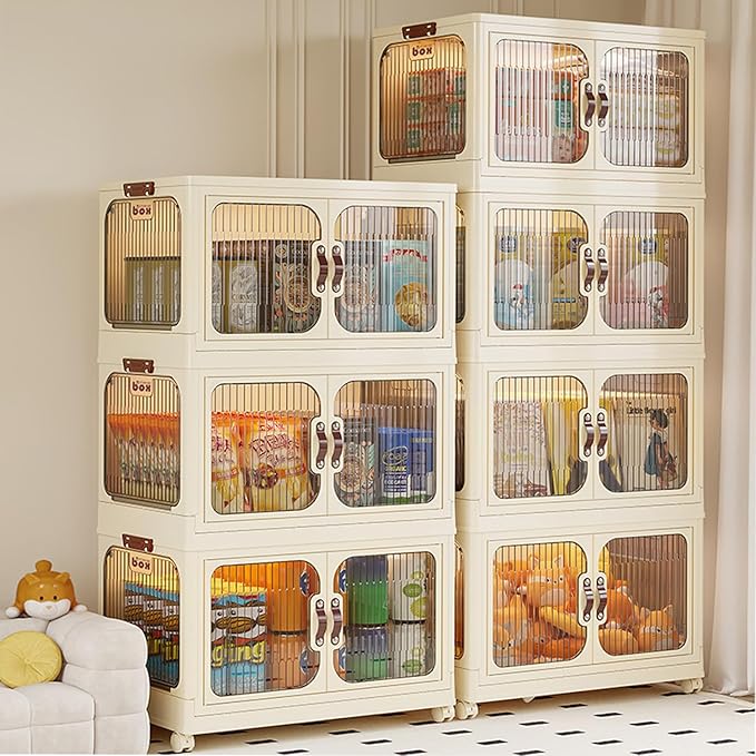 Multi-Purpose Stackable Plastic Storage Bins with Wheels & Lids - Space-Saving Foldable & Collapsible Organizers for Home, Pantry, Office, Dorm, Craft Room & Closet (4 Layers)