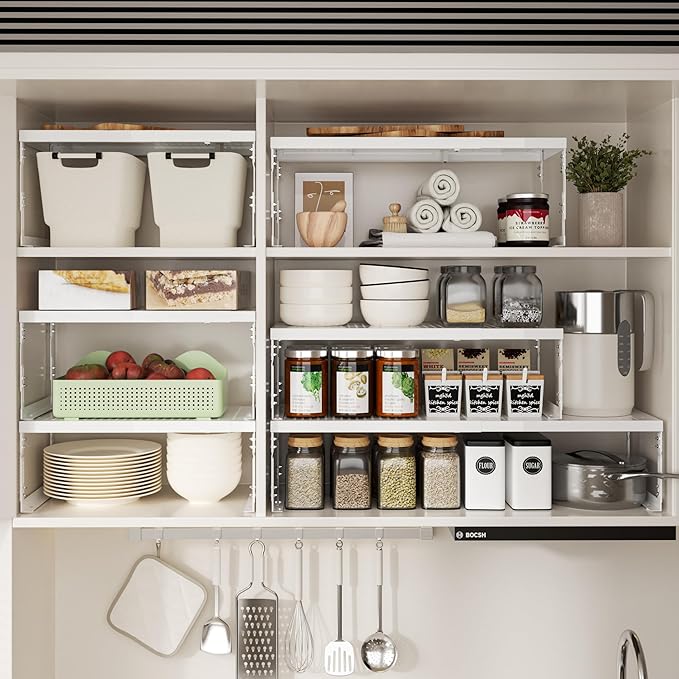 Jojocross Adjustable Stackable Metal Storage Shelf Organizer - Expandable Wire Rack with Perforations for Kitchen, Pantry, Bathroom, Cabinet & Office-Compact, Durable & Sturdy (1PACK/Large/White)