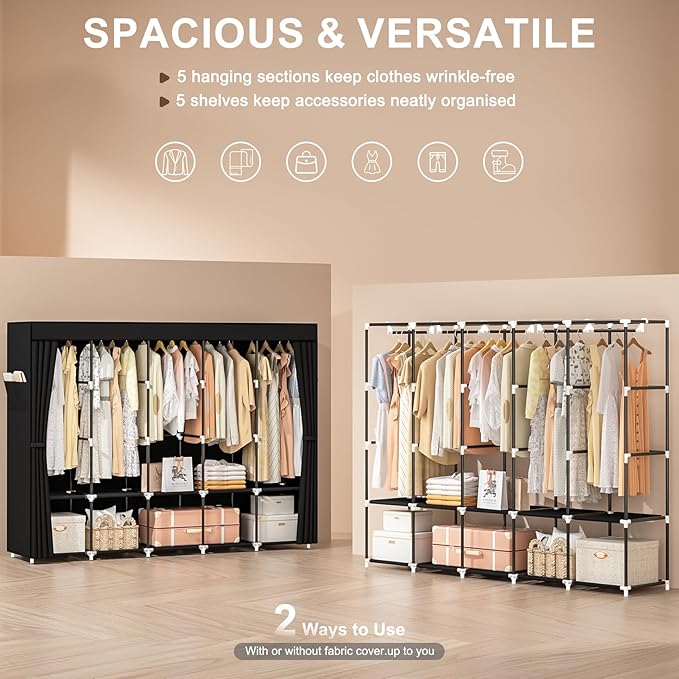 83 Inch Large Capacity Wardrobe Closet, Portable Armoire for Hanging Clothes, Freestanding Closet Organizers and Storage with Cover & 5 Hanging Rods & 10 Storage Shelves