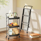 JAQ Foldable Rolling Cart, 3-Tier Metal Folding Storage Utility Carts Basket Rack with Removable Handle on Wheels for Snacks Books Fruits for Kitchen Dorm Pantry Bathroom - (Black, 3-Layer)