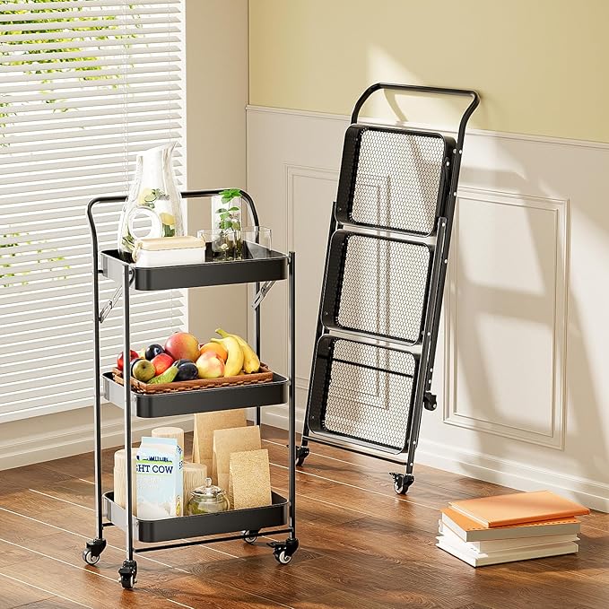JAQ Foldable Rolling Cart, 3-Tier Metal Folding Storage Utility Carts Basket Rack with Removable Handle on Wheels for Snacks Books Fruits for Kitchen Dorm Pantry Bathroom - (Black, 3-Layer)