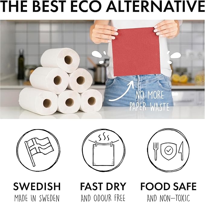 SUPERSCANDI 6 Pack Swedish Dishcloths for Kitchen - 100% Biodegradable & Compostable Reusable Paper Towels Washable, Food-Safe & Without Plastic - Dish Rags Suitable for Any Surface, Red