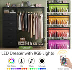47 Inch Black Dresser with LED Lights & Hanging Rack, 5 Drawer Fabric Dresser with Charging Station and Shelves, Tall Closet Organizer for Bedroom Clothes Storage