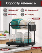 Sakugi 2-Tier Dish Drying Rack - Stainless Steel Dish Rack with Cutlery & Utensil Holders for Kitchen Counter, Sink Organization and Storage for Small Family, 15" W x 11.4" L x 15" H, Black
