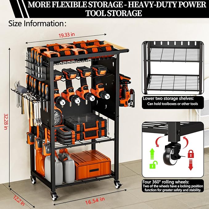 Pure Metal Heavy-Duty Tool Cart, Tool Organizer, 4 Layers + 4 Multifunctional Side Hangers, Integrated Design Power Tool Organizer, Practical Gift for Men, Husbands, and Fathers.