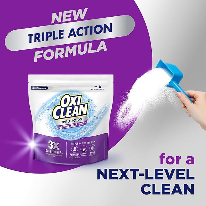 OxiClean Triple Action Odor Blasters Odor and Stain Remover Powder, Use with Detergent, Eliminates Tough Odors and Removes Stains, Color Safe and Chlorine Free, 4 lbs