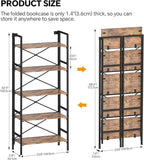 Folding Bookshelf,5 Tier Bookcase Foldable Shelf with X-Bracket Design, Adjustable Feet, Space Saving Storage for Living Room, Office, Rustic Brown