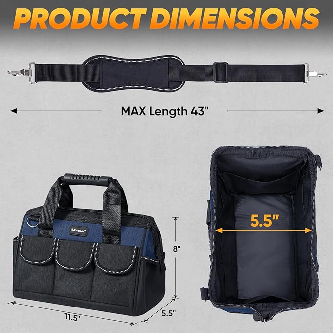 TICONN Heavy Duty Tool Bag with Multi-Pockets, Portable Tool Box Organizer Storage Bag, with Adjustable Shoulder Strap and Ergonomic Handle (Blue, 12" Standard Base)