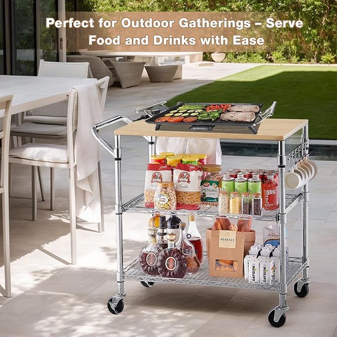 3 Tier Rolling Kitchen Cart with Wood Tabletop, Kitchen Island Carts with Wheels & Slider Shelf, Microwave Cart on Wheels, Coffee Cart with Hooks, 35.4" L*18.1" W*31.9" H，Wood+Chrome