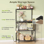 Huuger 4-Tier Bakers Rack with Reversible Power Outlet, 23.6 Inch Microwave Stand, Kitchen Bar, with Top Shelf, 6 S Hooks, Black