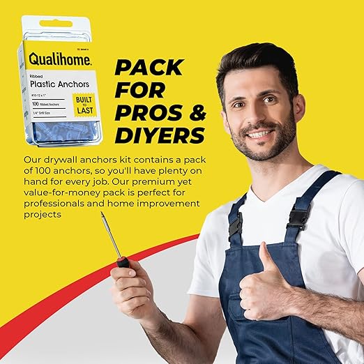 Qualihome Drywall Anchors Premium Quality Ribbed Lightweight Plastic Anchors for Hollow Walls – Wall Hanging Anchor Kit for Pictures, Artwork & Light Duty Anchoring Application (#10-12 x 1)