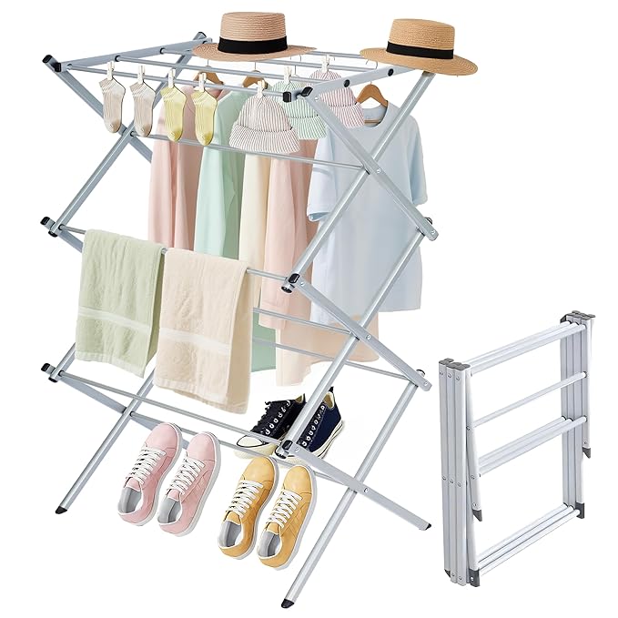 Whitmor Foldable Clothes Drying Rack: 3 Tier Laundry Drying Rack, Collapsible Drying Rack Clothing, Portable Space Saving Clothing Rack for Indoor Outdoor, 22.6" L × 14.6" W × 41.3" H, Gray