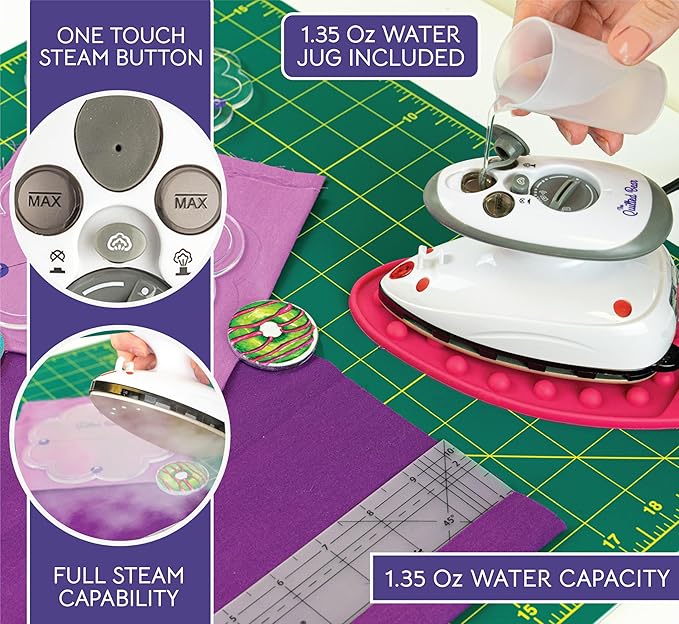 The Quilted Bear Mini Steam Iron - Lightweight Mini Travel Iron for Effortless Quilting & Wrinkle-Free Clothes with Hard Shell Case - Travel Steamer Craft Press for Clothes & Crafts (Pink)