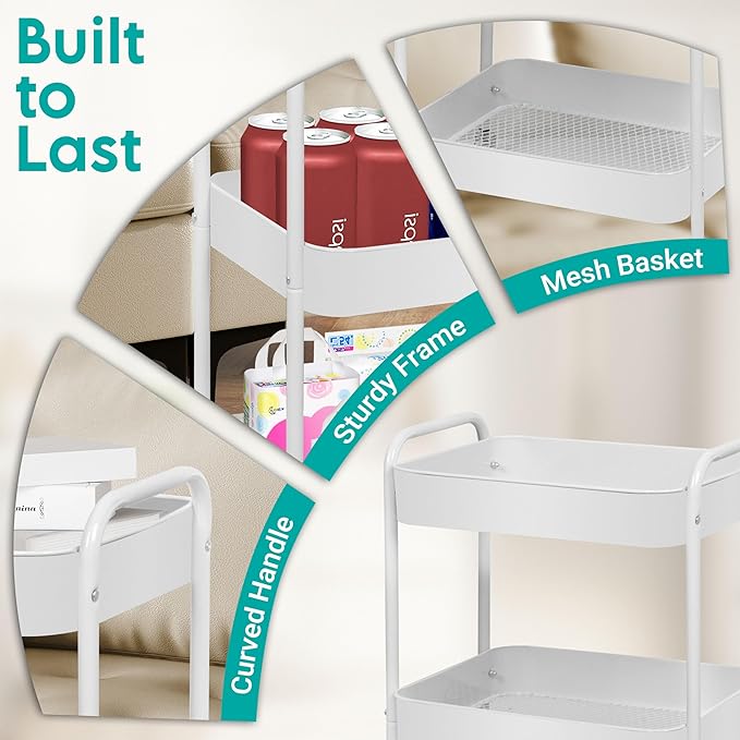 3 Tier Rolling Cart, Metal Utility Cart with 4 Hooks, Rolling Storage Cart on Wheels, Small Organizer Cart for Nursery, Kitchen, Living Room, Bathroom, White