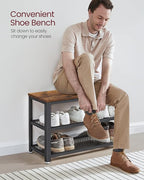 VASAGLE, 3-Tier Shoe Rack, Shelf Storage Bench with Metal Mesh Shelves and Seat, Free Standing Shoe Organizer for Entryway, 11.8 x 28.7 x 17.7 Inches, Rustic Brown and Black ULBS73X