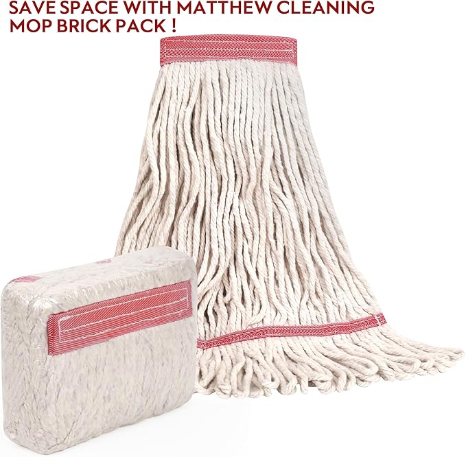 MATTHEW CLEANING Heavy Duty Mop Head Commercial Replacement for General and Floor Cleaning, Wet Industrial Blue Cotton Looped End String Head Refill (Case of 24) White