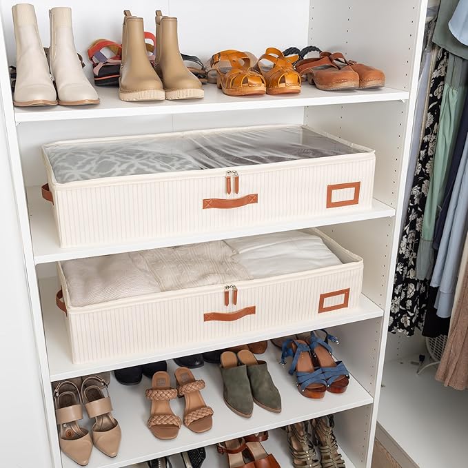 OrganiHaus Under Bed Storage Containers, Bedroom Storage and Organization Bins, Clothes Organizer for Closet with Clear Cover and Reinforced Handles - Set of 2 33x17x6 inches White Striped