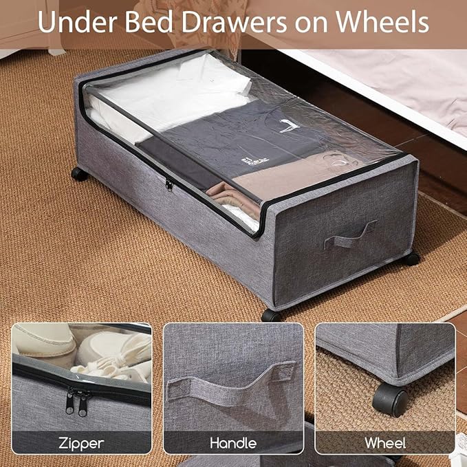 FOUCSSOMEI Under Bed Storage with Wheels, Rolling Under bed Storage with Metal Frame, Under Bed Shoe Storage for Space Saving, Zippered Clear Lid, Heavy-Duty Steel Base for Clothes,4XL 90L