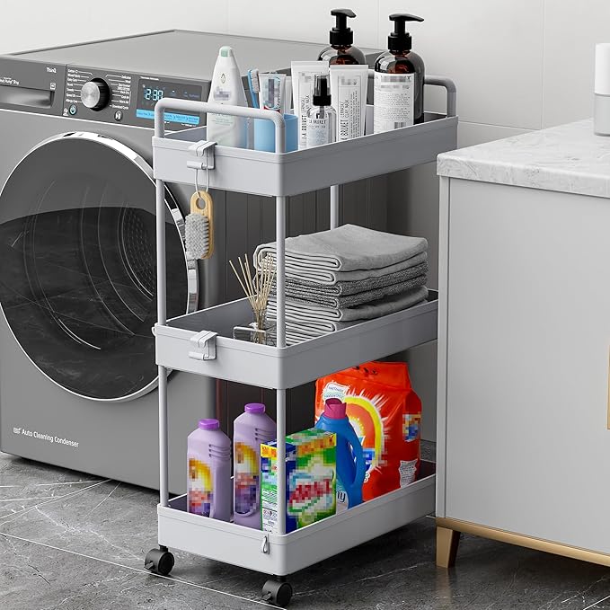 Ronlap 3 Tier Slim Rolling Storage Cart with Wheels Plastic Utility Cart Organizer for Snack Craft Art Postpartum Baby Diaper Nail Makeup in Bathroom Laundry Room Kitchen Bedside Narrow Space, Grey