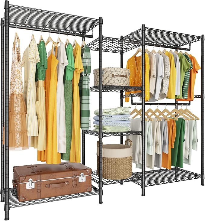 LEHOM G6M Heavy Duty Clothes Rack for Hanging Clothes, Portable Garment Rack Compact Size Closet Organizer, Freestanding Metal Clothing Rack Wardrobe Closet with Storage Shelves for Bedroom(Medium)