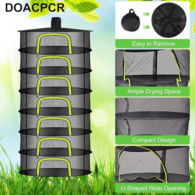 7 Layer Herb Drying Rack, Herb Drying Rack Hanging Mesh, Foldable Bud Drying Net with U-Shaped Zipper, Hooks, for Drying Herbs Plants, Flowers, Fruits, Food, Camping (7 Layers-23.62'')