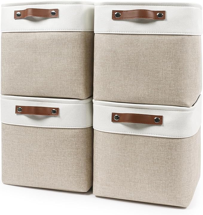 Collapsible Fabric Storage Cubes 11x11 Cube Storage Bins, 4 Pack Closet Baskets Box with Handles for Organizing, Shelf, Toys, Clothes, Home, Office, Nursery (Beige&White)