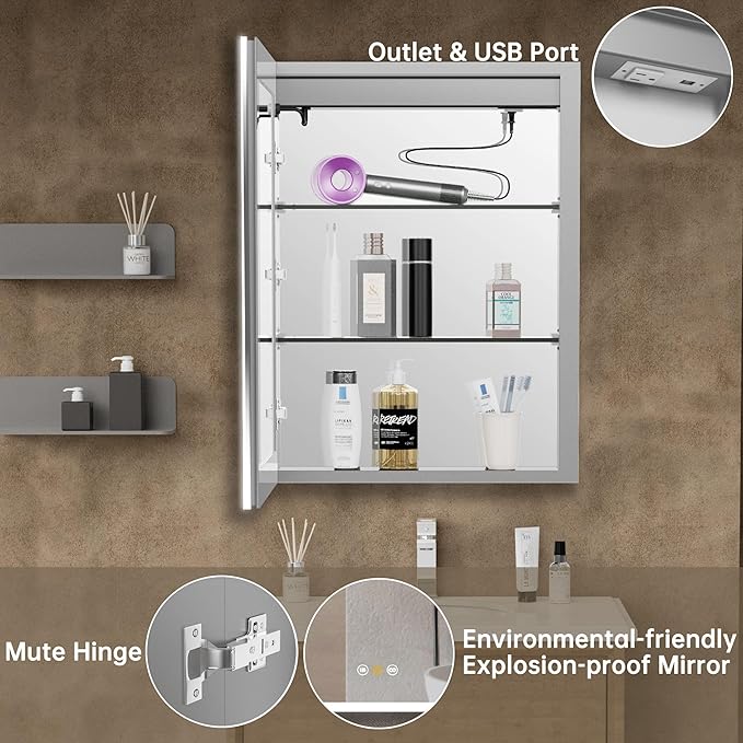 20”W x 26”H Medicine Cabinets for Bathroom with Mirror, Surface Mounted LED Medicine Cabinets Organizer with Defogger, Dimmer, Outlets & USB, Single Doors