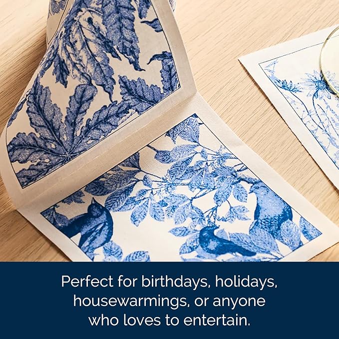 Botanicals Cocktail Napkin Roll of 50 | 100% Cotton Quick Dry Reusable | Perfect for Home, Dining, Birthday, Gifts | Blue and White, 4.5W X 4.5L