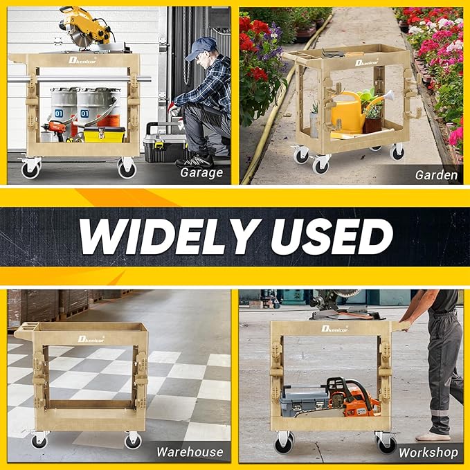 Utility Cart with Max 850Lbs Capacity, 34" x 17" Heavy Duty Rolling Utility Cart, 2 Side Hooks, 360° Swivel Wheels (2 with Brakes), 2 Tier Service Cart for Warehouse/Garage/Garden - Wood Color