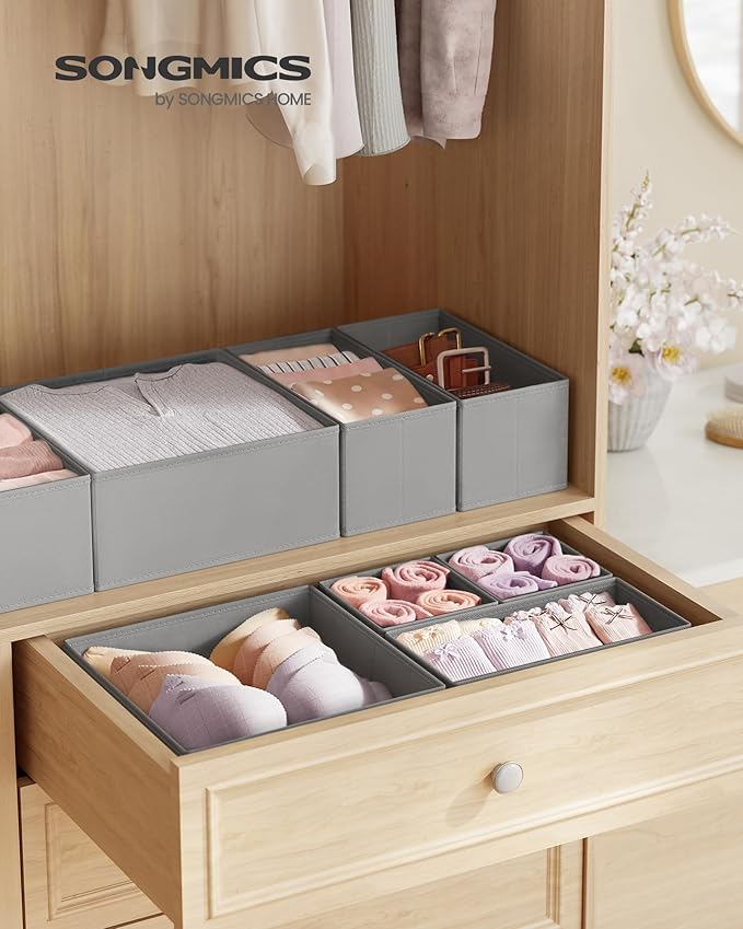 SONGMICS Drawer Organizers, Dresser Divider Organizers, Set of 12, Foldable Fabric Storage Boxes for Socks, Underwear, Bras, Ties, Scarves, Dove Gray URDZ006G02