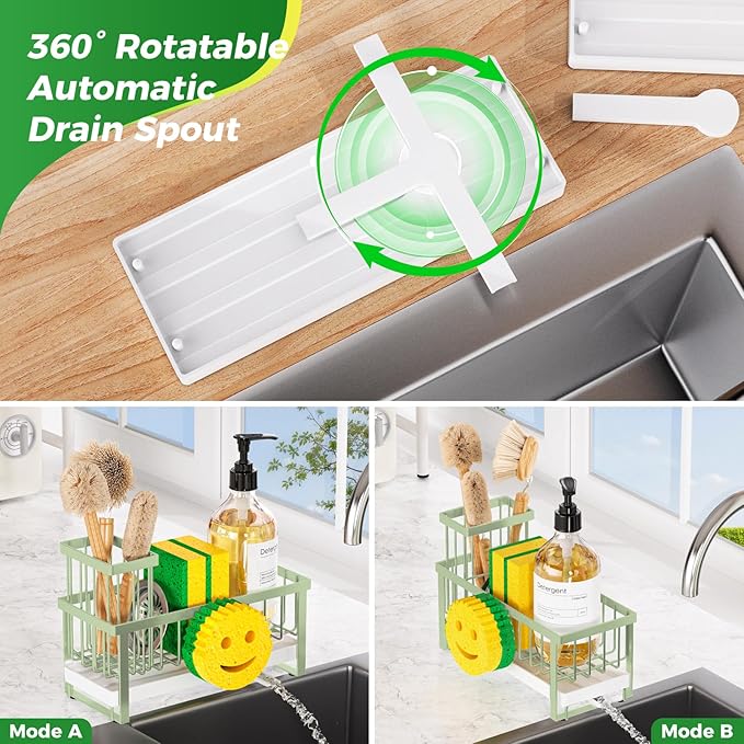 Sponge Holder for Kitchen Sink,Sink Caddy with Removable Dish Brush Holder,Self-Draining Kitchen Countertop Organizers and Storage Essentials,Soap Dispenser Organize and Home Decor-Green