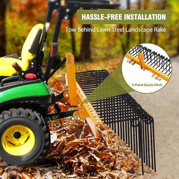 GAOMON Pine Straw Rake 72 Inch , 30 Coil Spring Tines Durable Powder Coated Steel Tow Behind Landscape Rake with 3 Point Hitch Receiver Attachment Fit to Cat0 Cat 1 Tractors for Leaves Grass