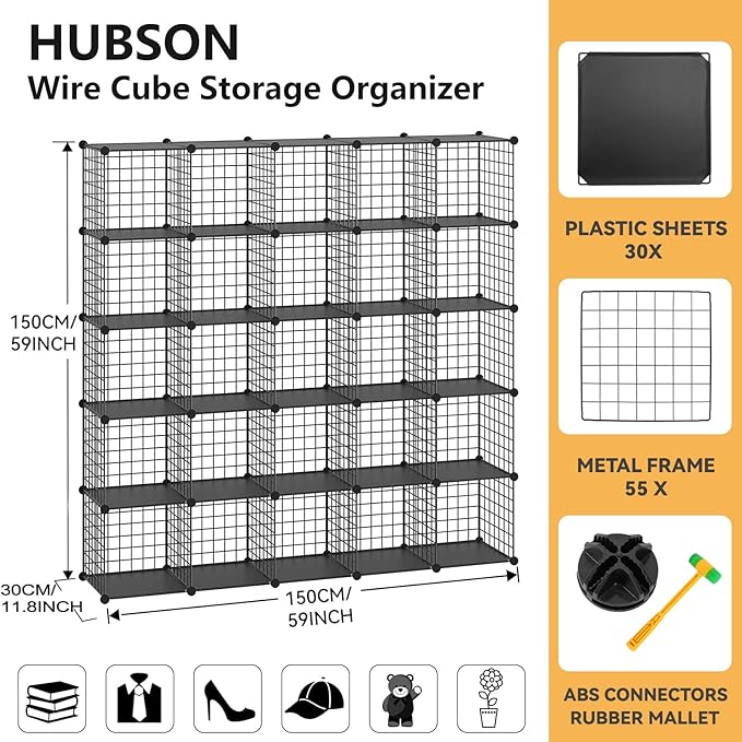 HUBSON Wire Cube Storage Organizer, Book/Toy/Craft/Potted Plants and petCloset Organizers and Storage Shelves, 25-Cube Freely Combinable Metal Grids Storage Shelf,Black Plus Iron