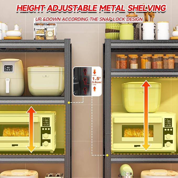 Kitchen Shelves, Adjustable Height Kitchen Shelving Unit, 1600Ibs Heavy Duty Storage Shelves, Kitchen Shelf Organizer, Ideal for Pantry, and Garage Storage Solutions, 23.6"Wx13.8"Dx54"H, Black