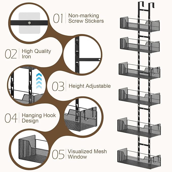 Over The Door Organizer, Metal Hanging Door Organizer with 6 Adjustable Baskets and 5 Hooks, Behind The Door Storage for Closet Cabinet Kitchen Bathroom Bedroom Pantry Organizer, Black