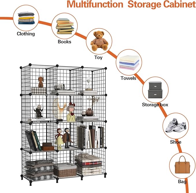 AWTATOS 12 Cube Storage Wire Closet Organizers DIY Stackable Storage Shelves Bookcase Cabinet for Home Office, Black