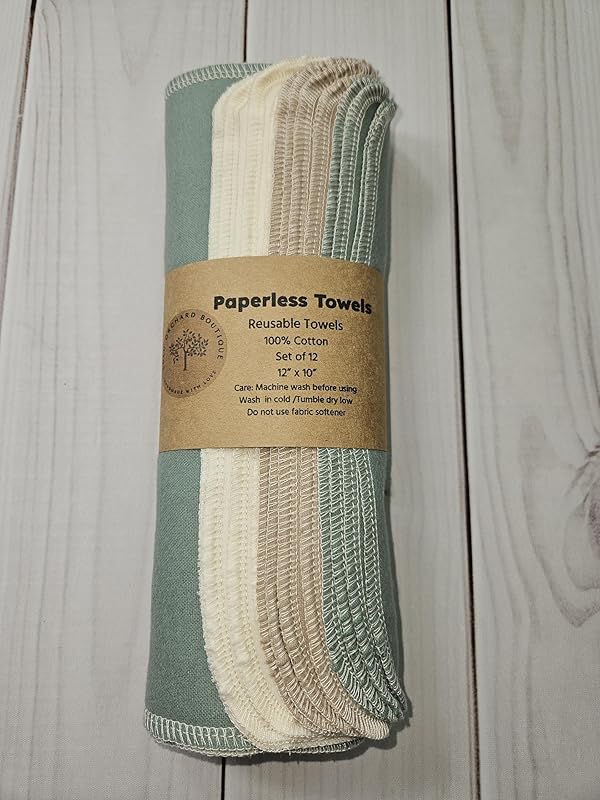 Paperless Towels, 12-12" X 10" Washable Paper Towels, Reusable Paper Towels, 100% Cotton (Sage)