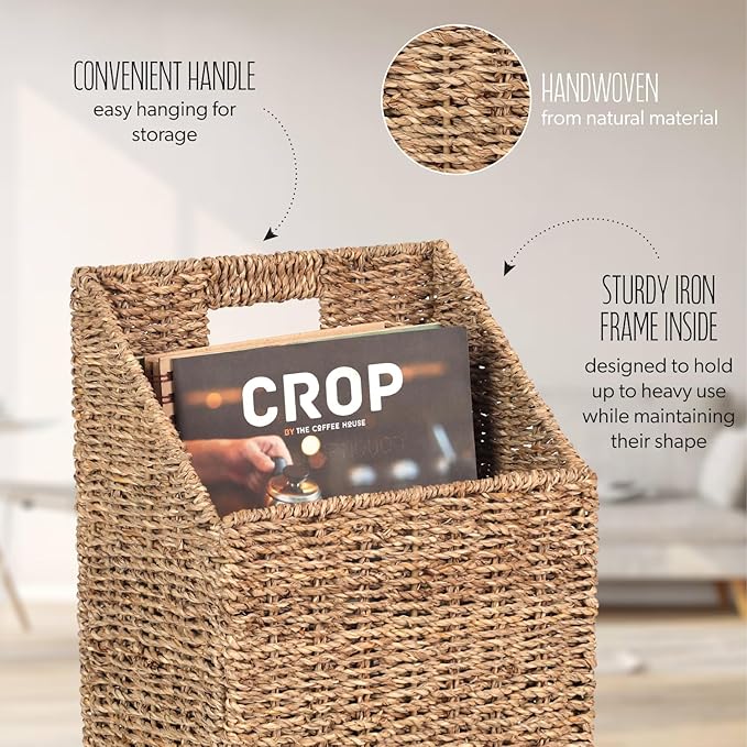 Wicker Hanging Storage Baskets (10.5"Lx6.5"Wx13"H), Set of 2 Wall Basket, Seagrass Basket, Wall Decor Baskets, Seagrass Woven Hanging for Organizing Files, Mails, Books, Accessories