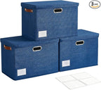 17" Large Collapsible Storage Bins with Lids, Stackable Closet Organizers with PU Handle and Labels, 3-Pack Decorative Fabric Storage Boxes for Home, Bedroom, Closet, Office, Nursery(Navy)