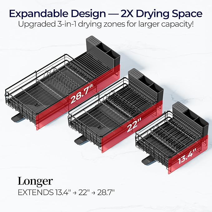 Large Dish Drying Rack, Expandable Dish Rack for Kitchen Counter, Upgraded Dish Drainer with Drainboard Set, Multifunctional Dishrack with Utensil Holder & Cup Holder, 13.4"-28.7" L x 11.8" W