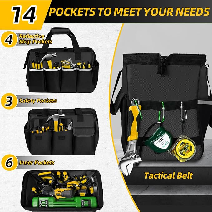 Tool Bag, Portable Tool Box Organizer Adjustable Shoulder Strap, Carry Tool Tote Heavy Duty Tool Storage Bag With Wide Mouth,Tool Bags for Men Mechanic EngineerGift - M, Black
