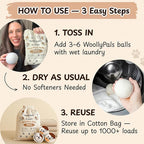 WoollyPals Dryer Balls (6-Pack, XL Size) - 100% New Zealand Wool - No More Dryer Sheets - Eco Dryer Balls - Reusable - Softens Laundry - Reduces Drying Time & Static - with Storage Bag (Plain White)