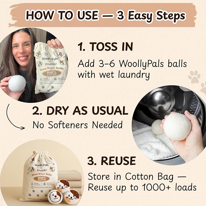 WoollyPals Dryer Balls (6-Pack, XL Size) - 100% New Zealand Wool - No More Dryer Sheets - Eco Dryer Balls - Reusable - Softens Laundry - Reduces Drying Time & Static - with Storage Bag (Plain White)